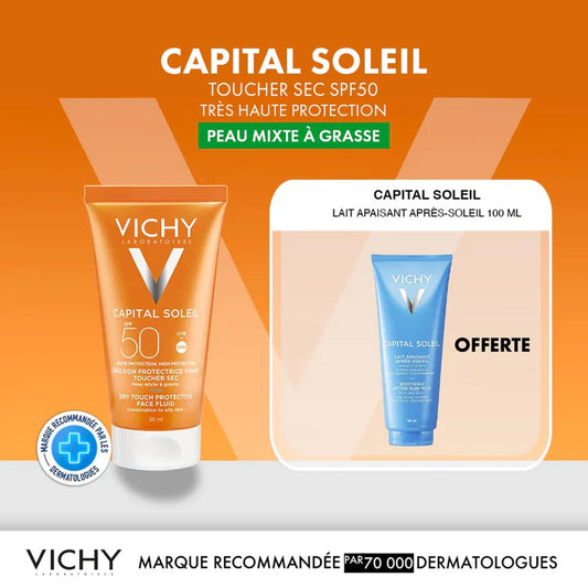 VICHY Capital Soleil Émulsion Toucher Sec SPF50 50ml + Lait Après-Soleil Offert Pack Solaire Protection Haute
